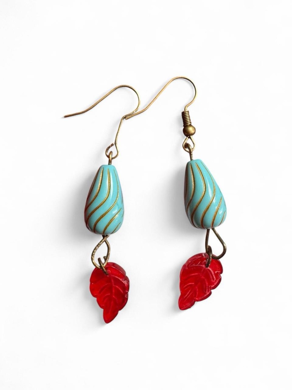 Handmade Boho Turquoise & Red Leaf Drop Earrings Antique Bronze Vintage Style